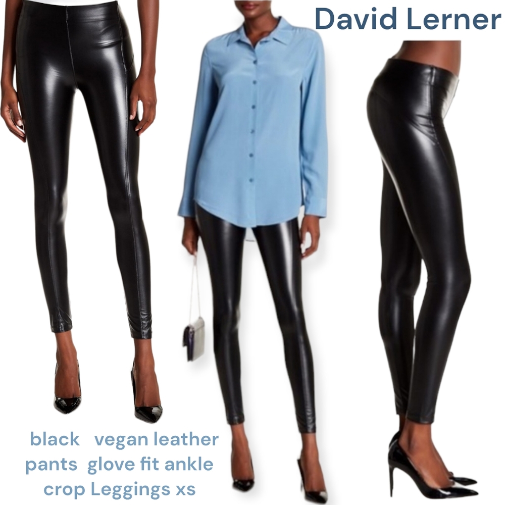 David Lerner Women's Black Vegan faux leather glossy Ankle Crop Leggings xs